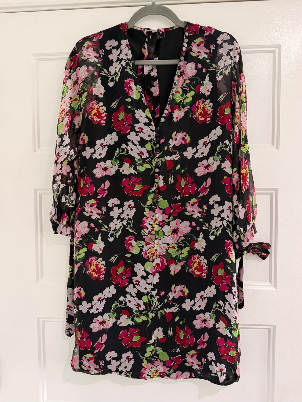 Floral V-Neck Shift Dress - Black with Pink & Red Blooms